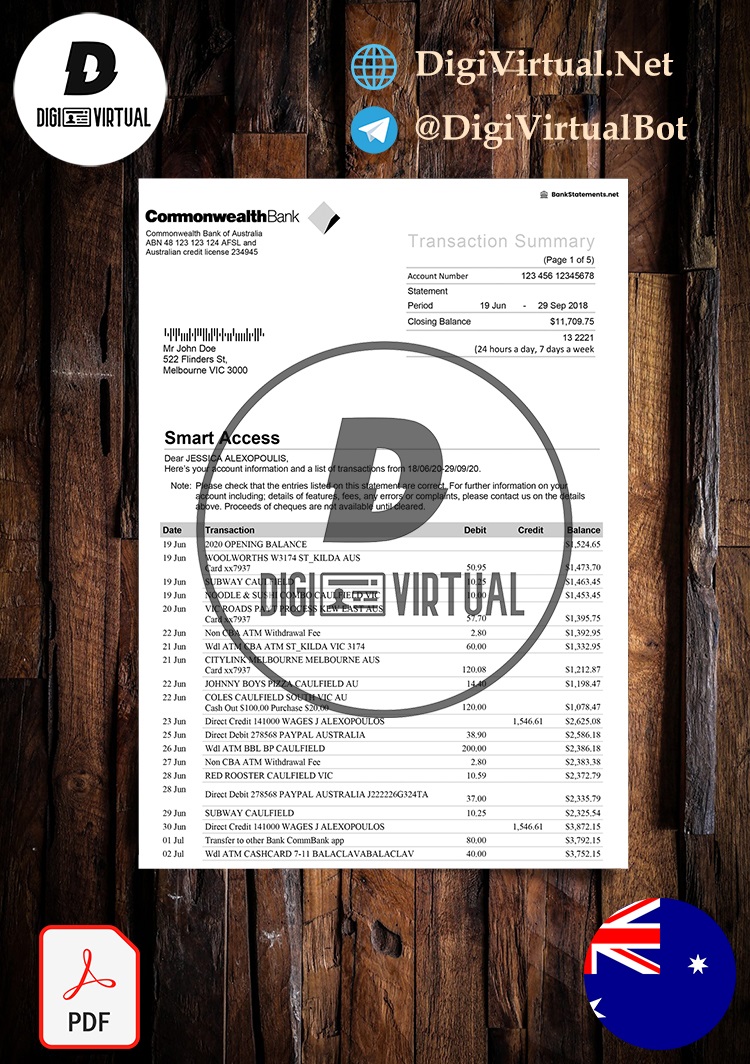 Australia Common Wealth Bank Statement