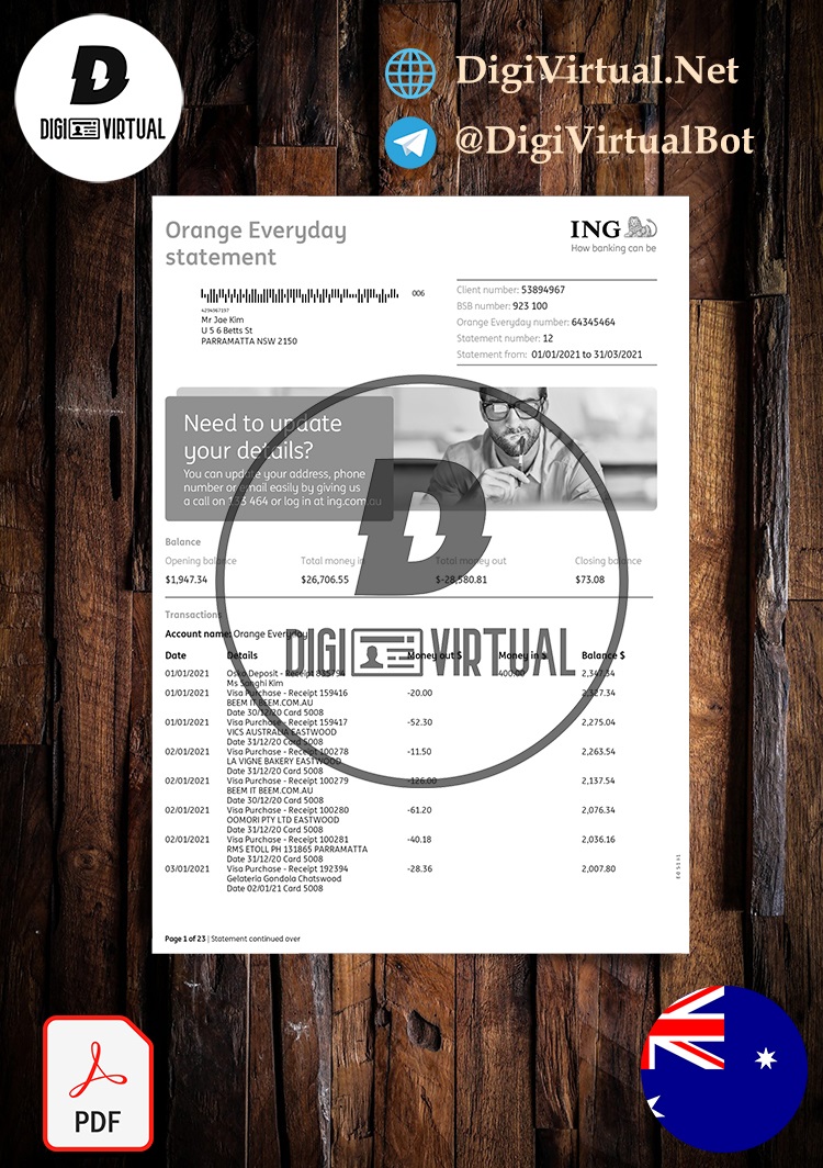 Australia ING(Orange Everyday) Bank Statement