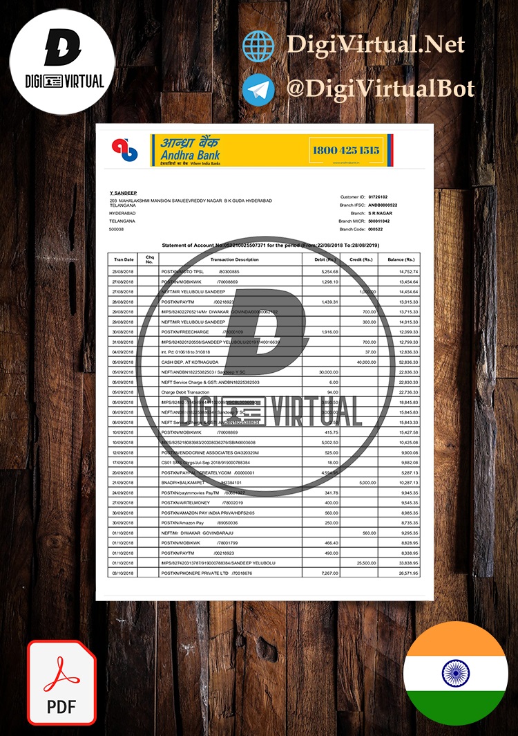 India Andhra Bank Statement