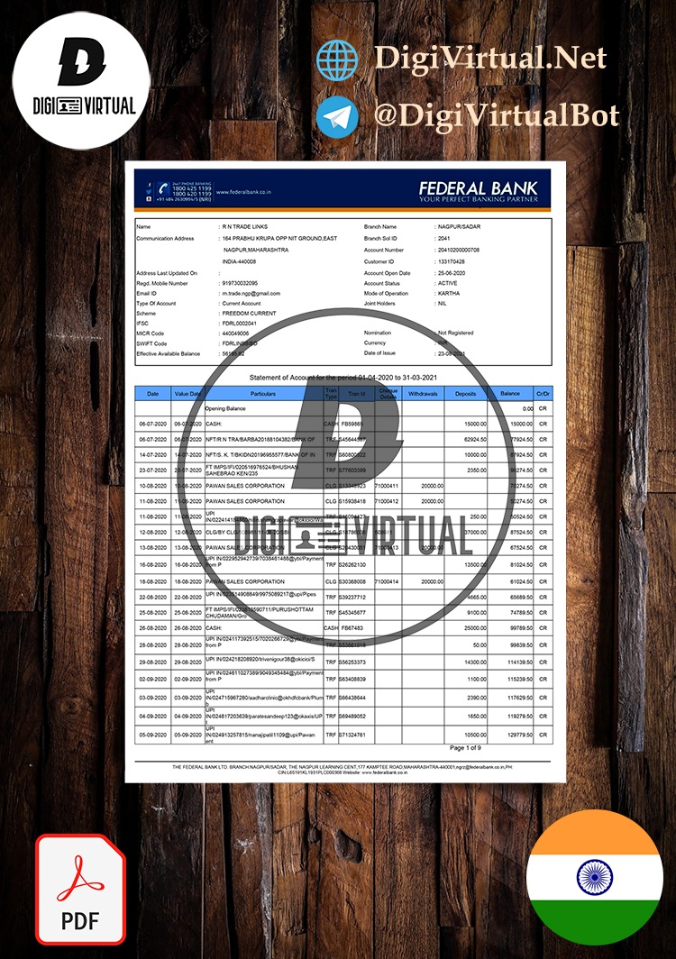 India Federal Bank Statement