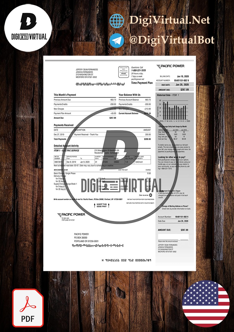 USA Pacific Power Electric Utility Bill