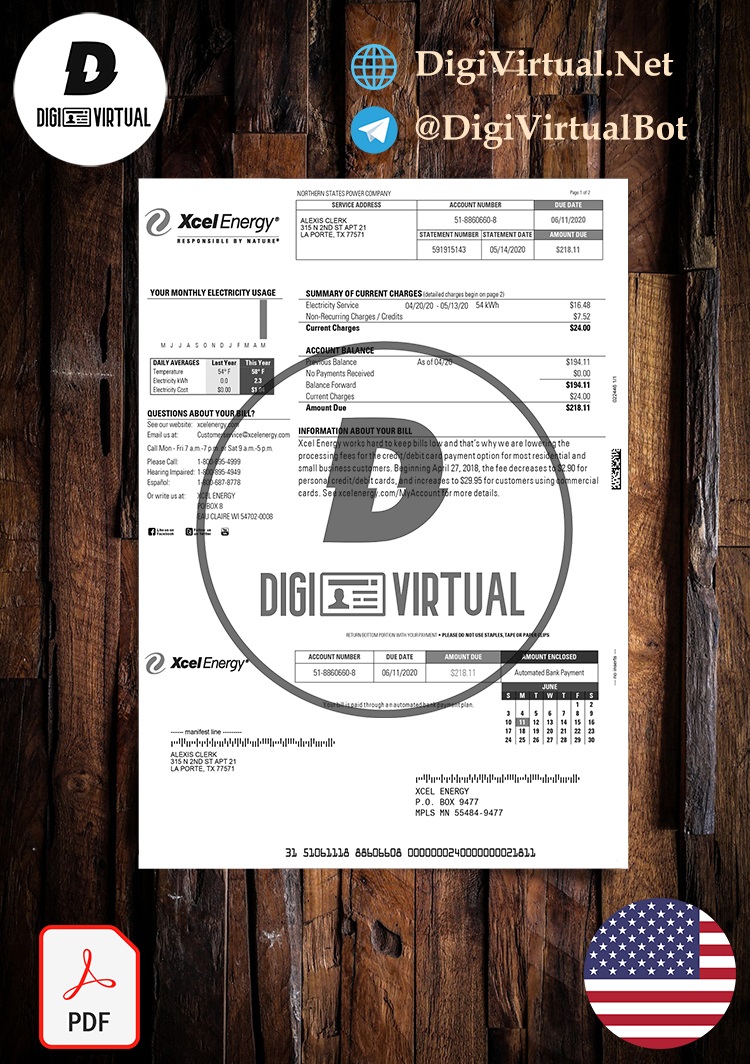 USA Xcel Energy Utility Bill